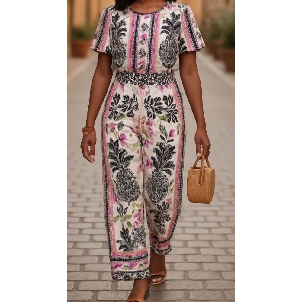 Joie Women's Short Sleeve Elastic Waist Tropical Print Jumpsuit in Multi‎ Small